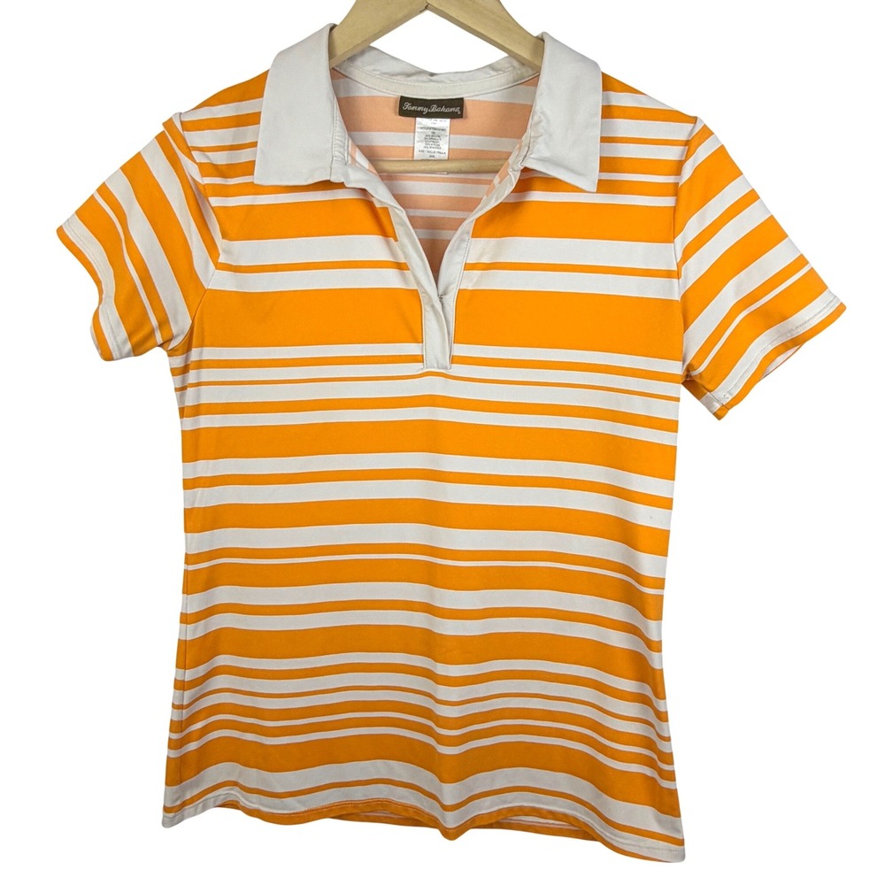 Tommy Bahama Polo Shirt Womens M Orange White Striped Short Sleeve Golf Top